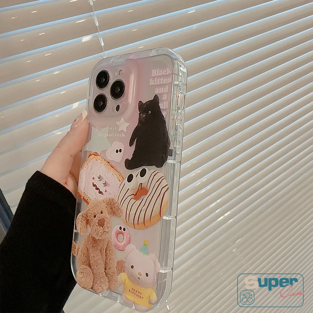 IPHONE Casing Ponsel Beruang Anjing Kucing Kartun Transparan Kompatibel Untuk Iphone11 13 14 12 Pro MAX 6 6S 7 8 Plus XR X XS MAX Ins Hewan Lucu Stiker Shockproof Airbag Lembut TPU Penutup Belakang