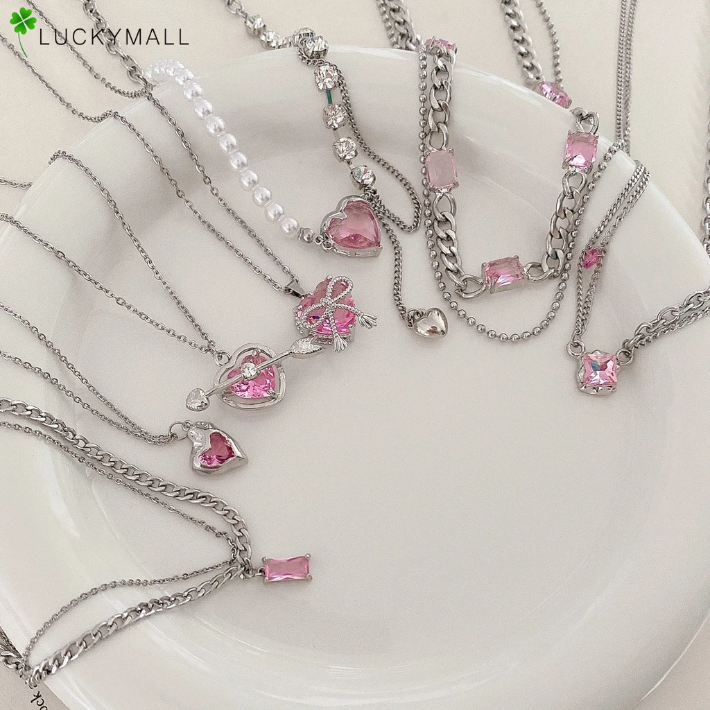 Kalung Rantai Permata Pink Mewah Untuk Wanita Elegan Zirkon Jantung Liontin Aksesoris Perhiasan