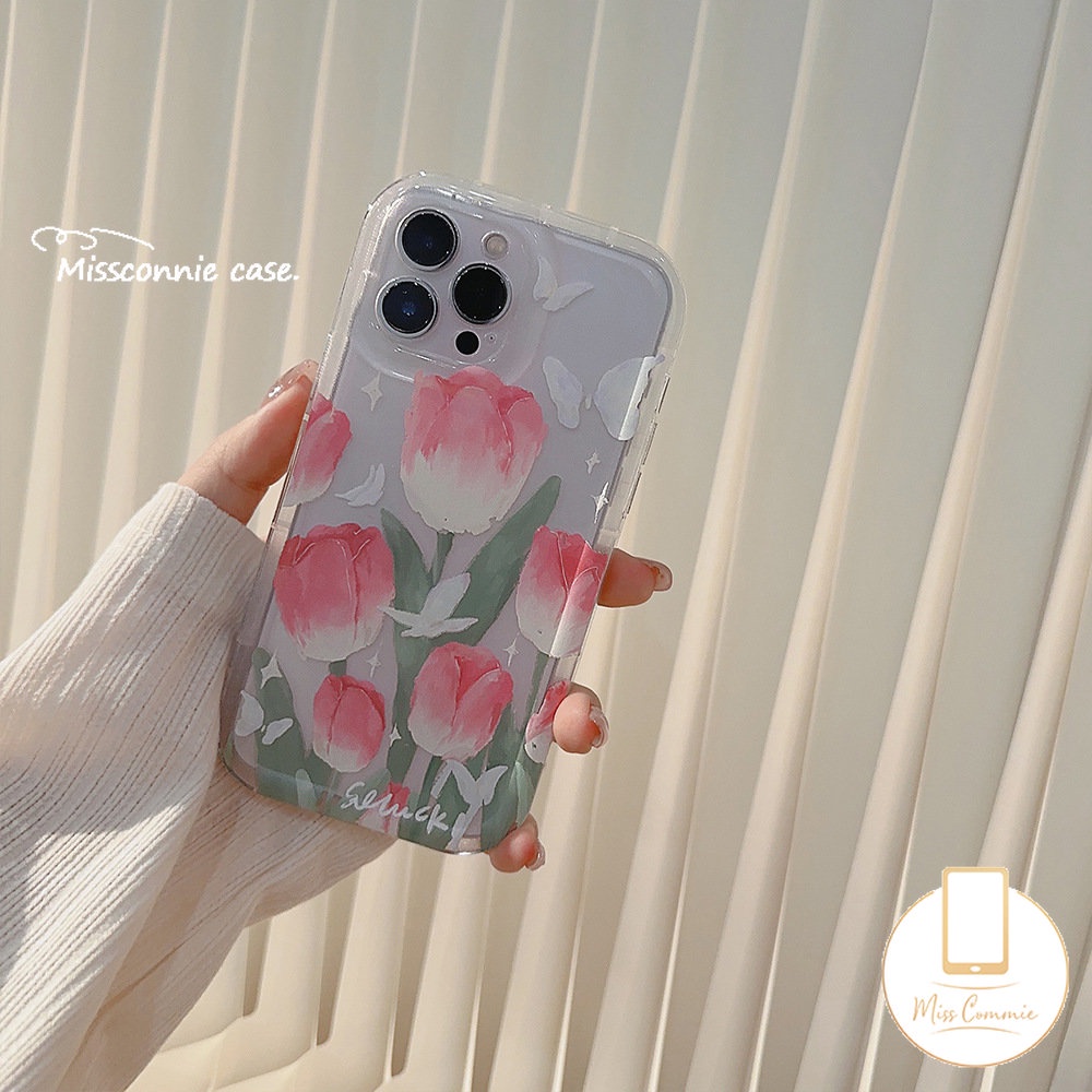 Ins Fashion Spring Fresh Flower Kompatibel Untuk iPhone 7Plus 11 14 12 13 Pro Max XR X 6s 7 8 6 Plus XS Max SE 2020 Fantasy Butterfly Tulips Transparan Airbag Shockproof Soft Cover