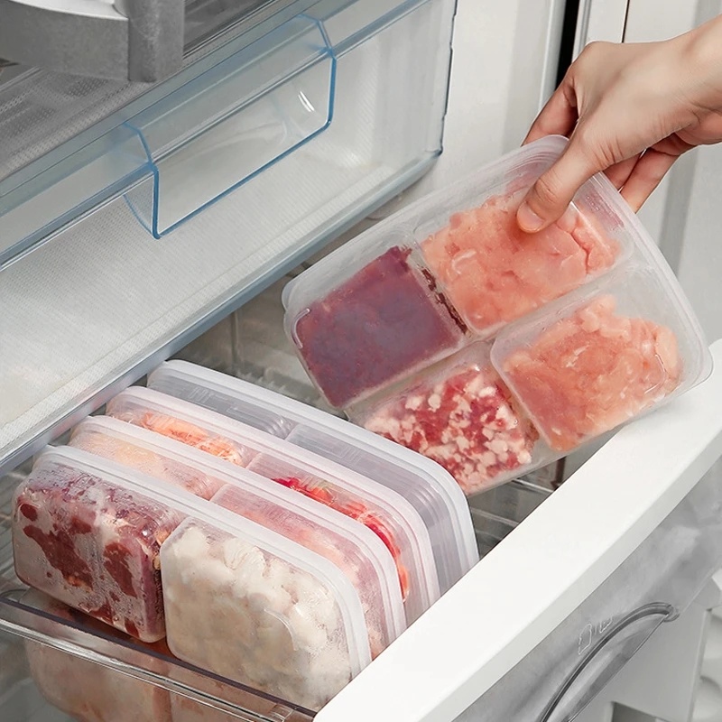 4kisi Makanan Buah Segar Food Container Kitchen Kotak Penyimpanan Sekat Daging Sayur Plastik Bening Dengan Tutup Kompartemen Portabel Kulkas Freezer Organizer Aksesoris Dapur