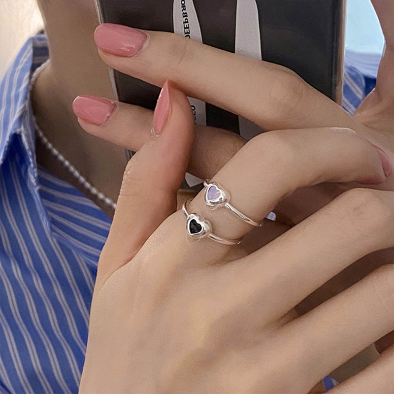 925 Sterling Silver Biru Hitam Jantung Cincin Untuk Wanita Counple Pernikahan Pertunangan Perak Wanita Vintage Ring Fine Jewelry