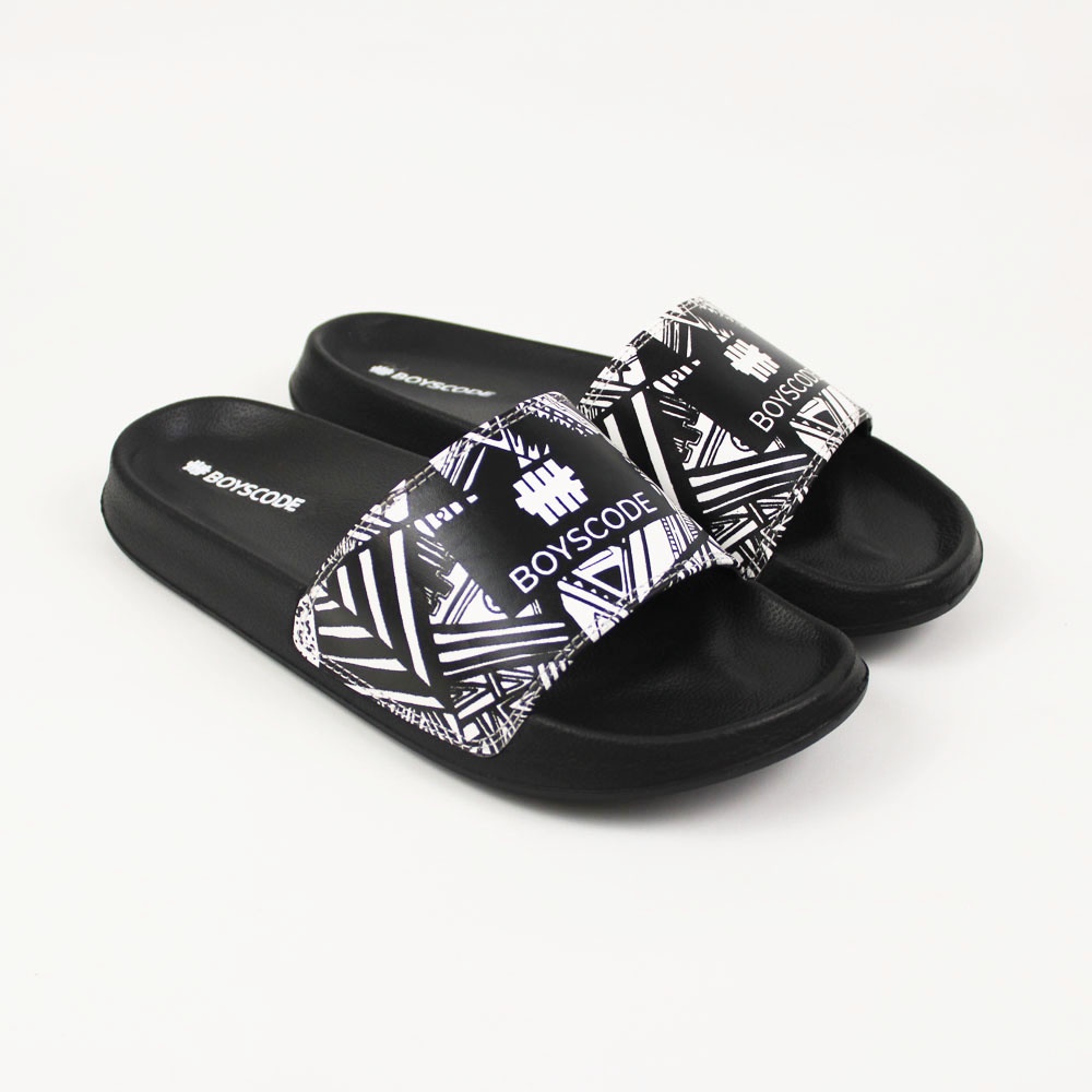 Sendal Slop Pria Wanita BOYSCODE Motif Abstrak Hitam / Slide Pria / Slip On Pria / Sendal Cowok / Sendal Cewek