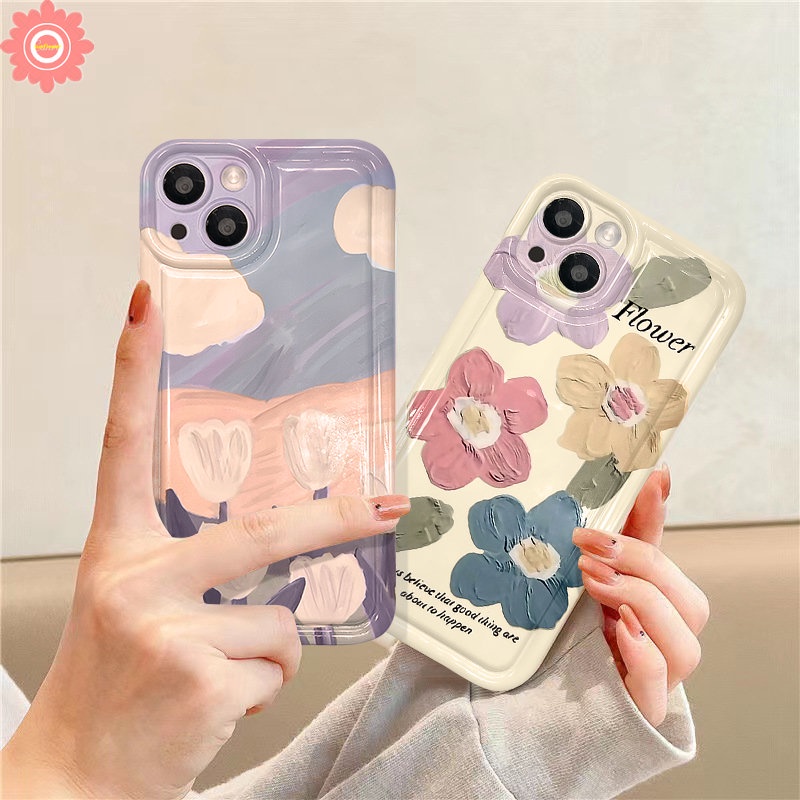 IPHONE Fresh Art Flower Tulips Lukisan Minyak Flowers Case Kompatibel Untuk Iphone6 6S 7 8 Plus 11 14 13 12 Pro MAX XR X XS MAX Shockproof Airbag Back Soft TPU Silicon Clear Phone Cover