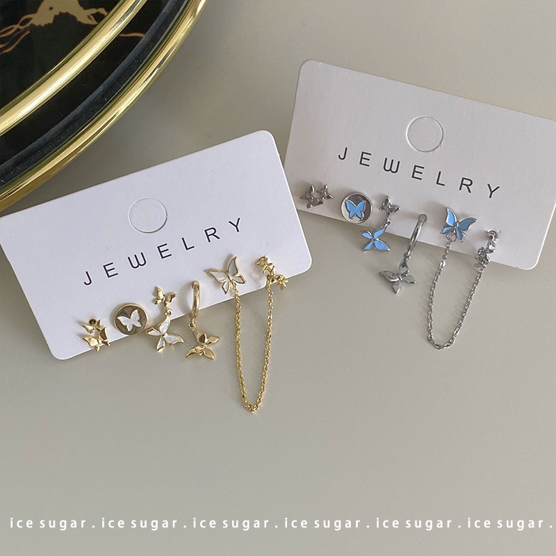 Anting Tusuk Emas Perak Sederhana Untuk Wanita Butterfly Drop Oil Hoop Earring Fashion Aksesoris Perhiasan