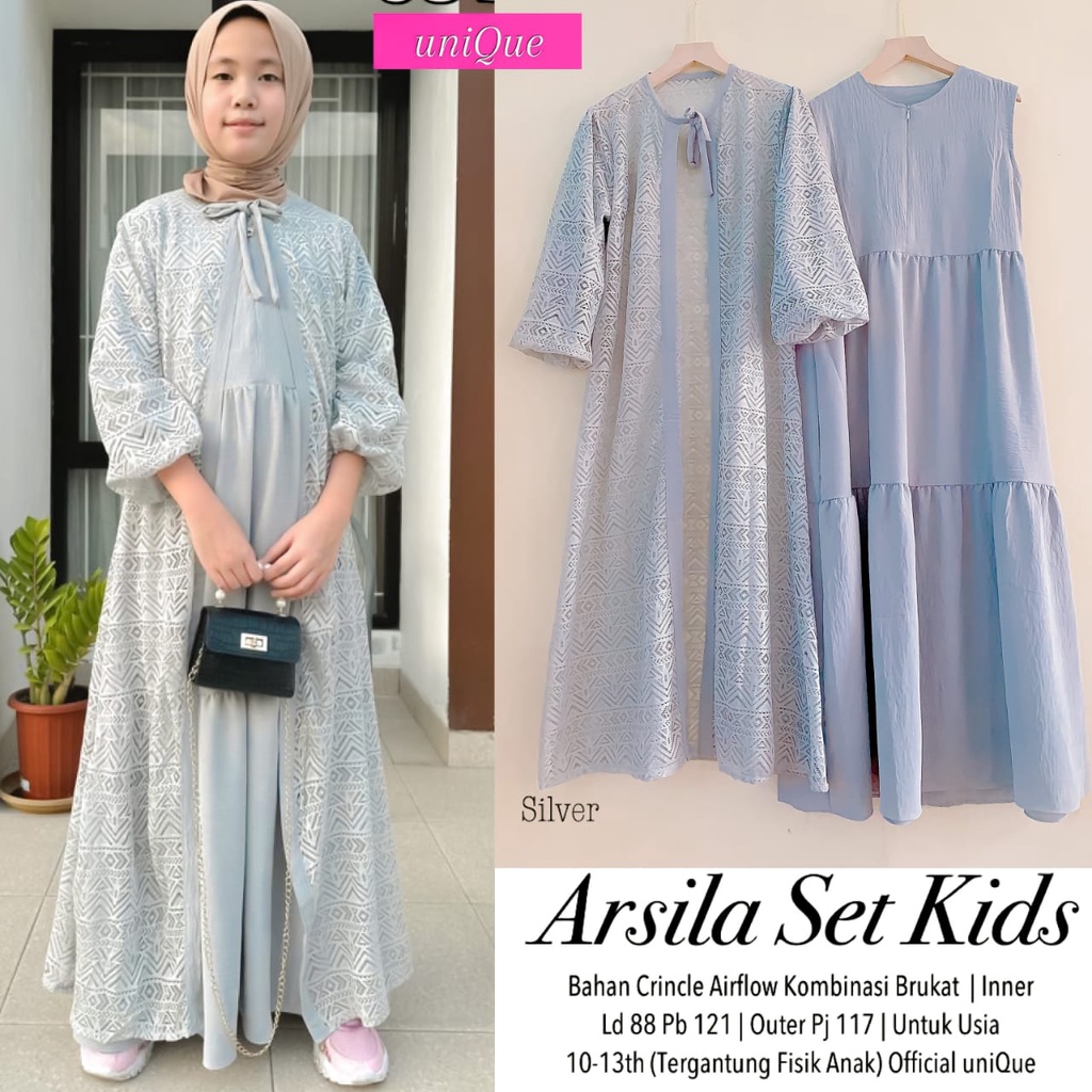 ARSILA SET KIDS ANAK BY UNIQUE BAHAN CRINCLE AIRFLOW KOMBINASI BRUKAT DRESS MAXI