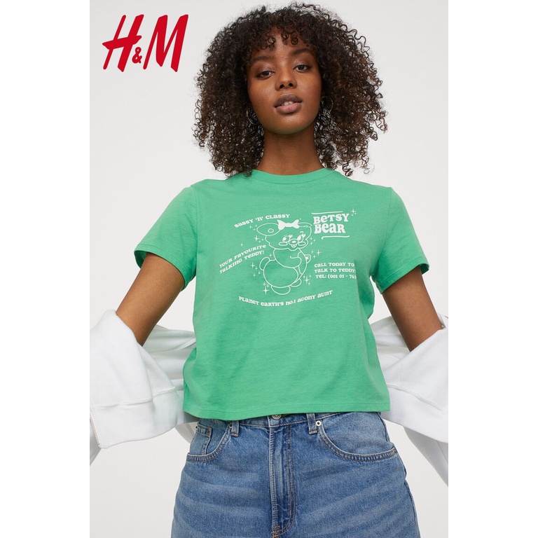 H&amp;M Kaos Crop Top T-Shirt Cotton Besty Bear Green HM Original