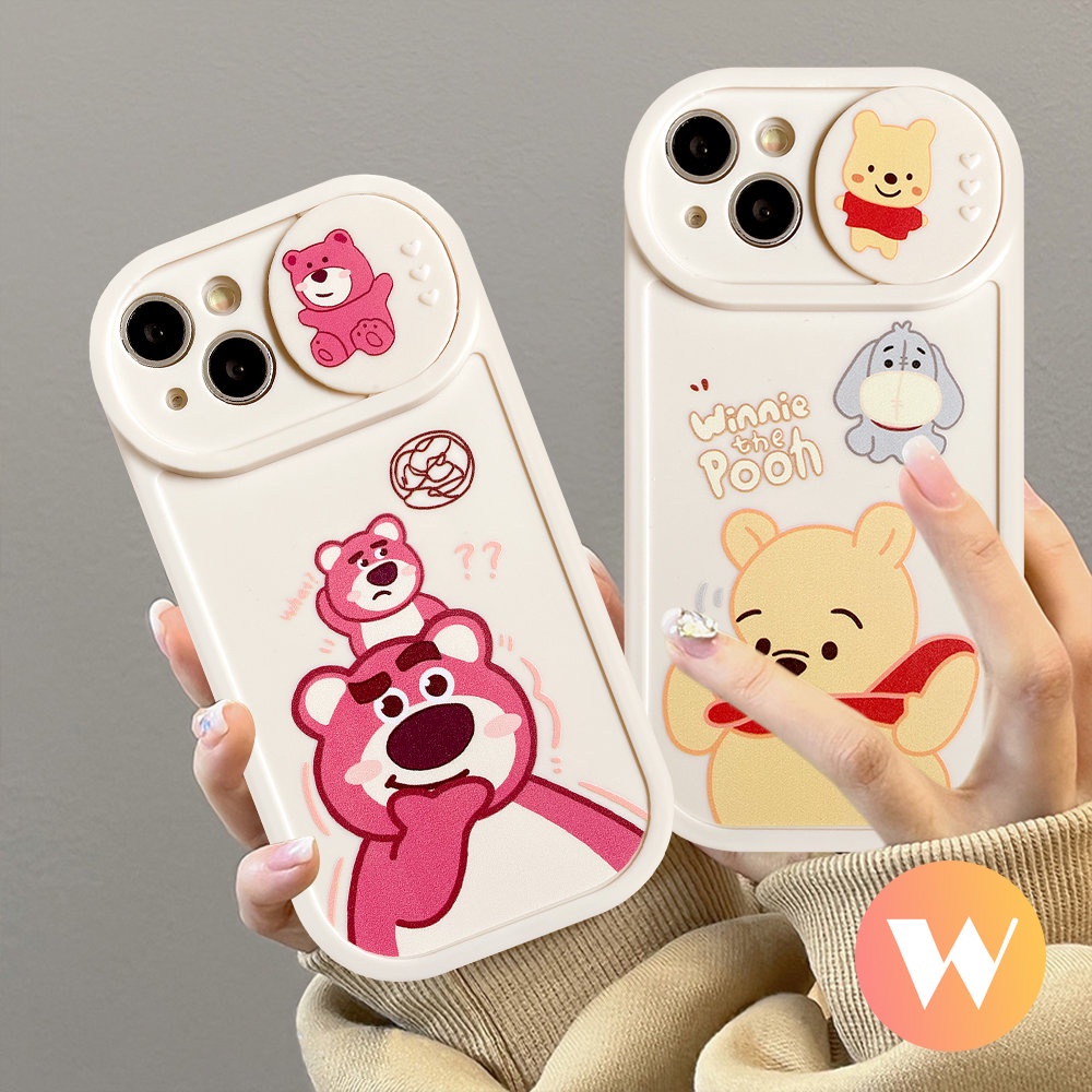 IPHONE Kartun Pasangan Case Kompatibel Untuk Iphone11 13 12 Pro Max 7Plus XR 6Plus X XS Max Cute Strawberry Bear Manyo Winnie the Pooh Pull Push Window Pelindung Kamera Soft Cover