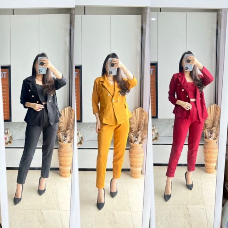 PAKAIAN WANITA BAJU ATASAN OUTER BLAZER + INNER TANKTOP + CELANA PANJANG SETELAN STELAN ONE SET 3IN1