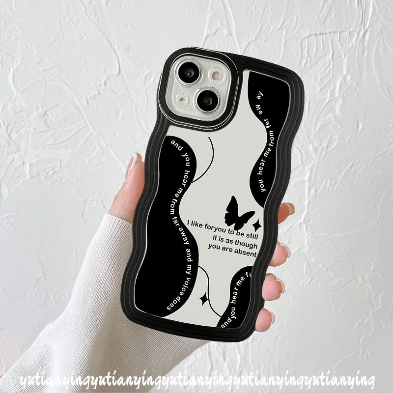 IPHONE Casing Bunga Vintage Kompatibel Untuk Iphone11 7 6s 8 14 6 Plus XR 14 12 13 Pro Max X XS Max SE 2020 Retro Black Butterfly Soft Tpu Wavy Edge Phone Cover