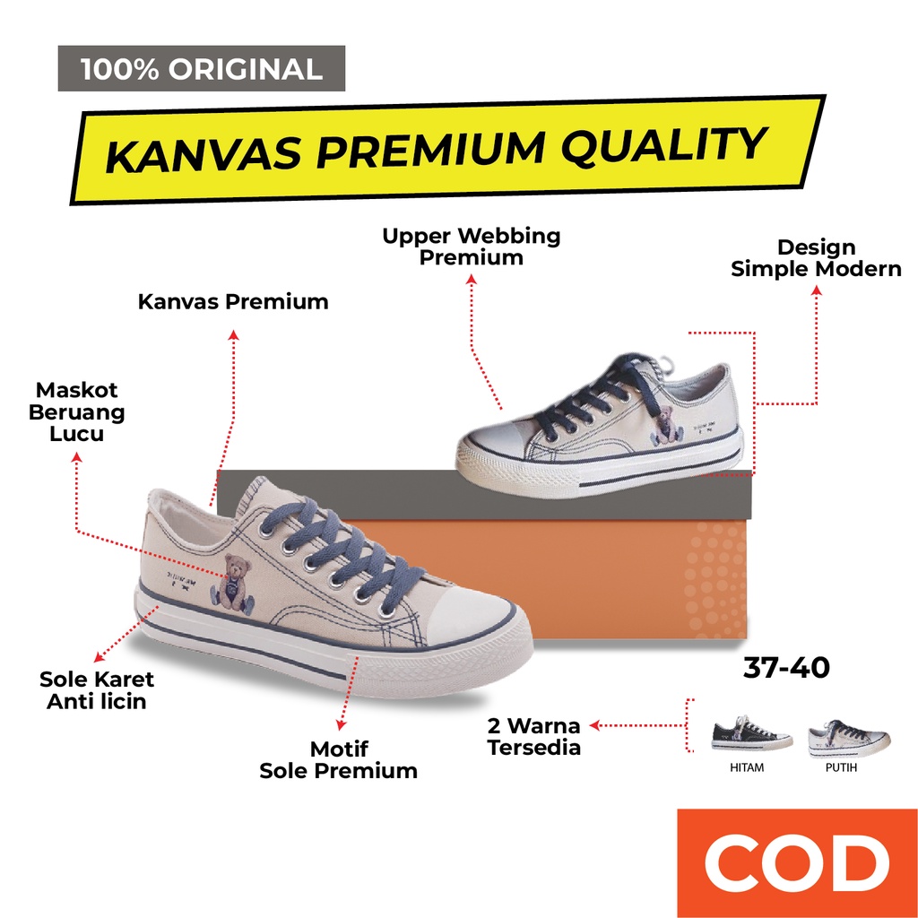 Sepatu Wanita Korea Bahan Kanvas Sneaker Import Bear mascot Casual Canvas OOTD Hangout Sekolah Origi