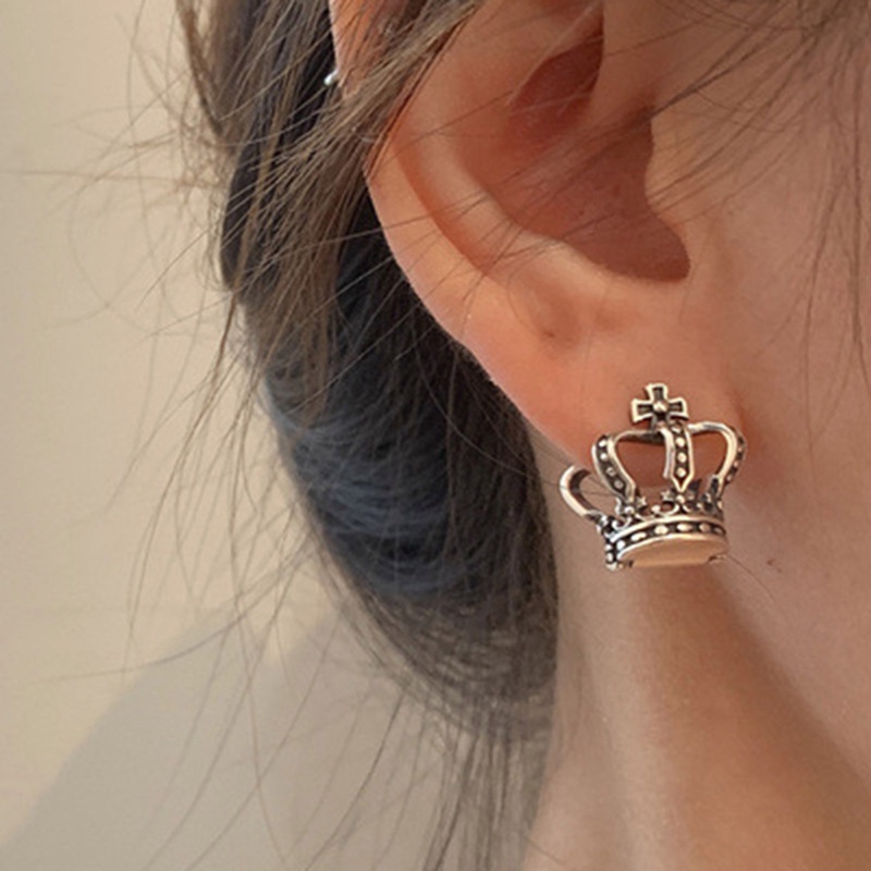 Vintage925 Sterling Silver Salib Berongga Mahkota Hoop Stud Earrings Gesper Untuk Wanita Lucu Perhiasan Halus