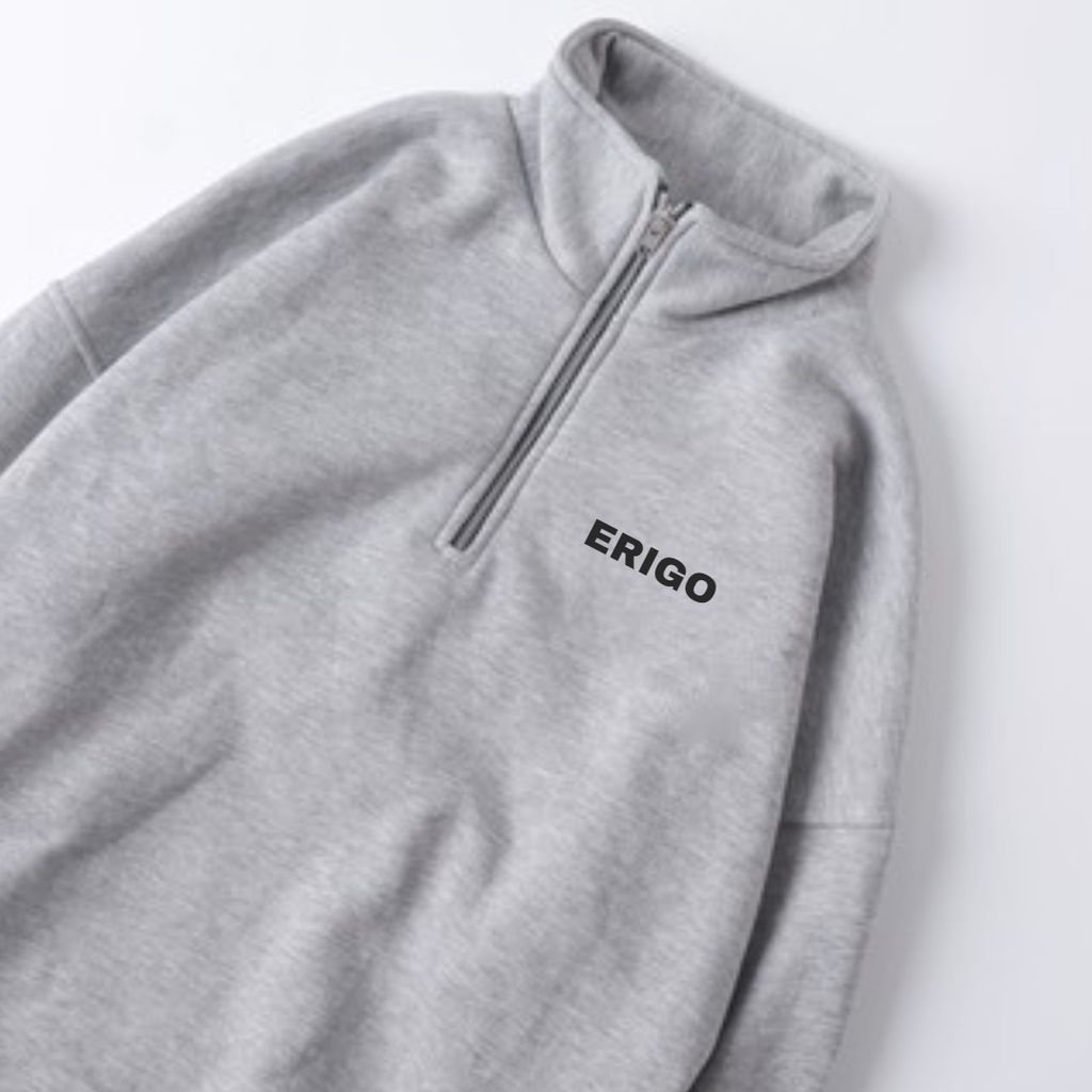 Sweatshirt Zipper Pria Erigo Teks Casual Premium / Sweater Half Zip Warna Abu / Sweater Crewneck Distro Basic Unisex