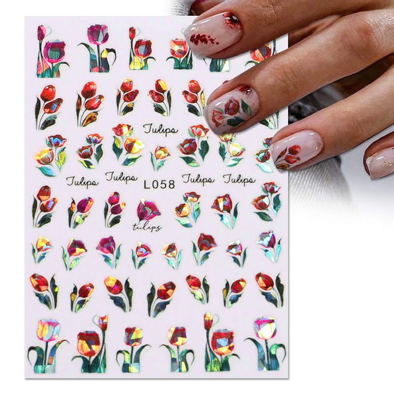 3d Stiker Kuku Warna-Warni Bunga Daun Perekat Diri Transfer Surat Garis Slider Nail Art Decals Aksesoris Manicure Dekorasi