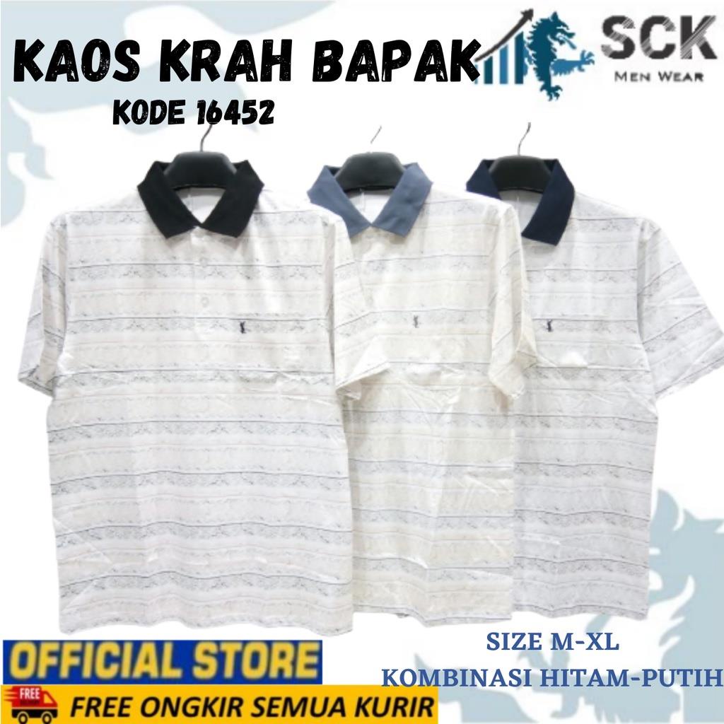 Kaos Krah Pria Bapak MZ Dewasa Warna Putih Kombinasi Salur Motif / Baju  Orang Tua / Pakaian Bapak Kakek 55-100Kg - sckmenwear GROSIR