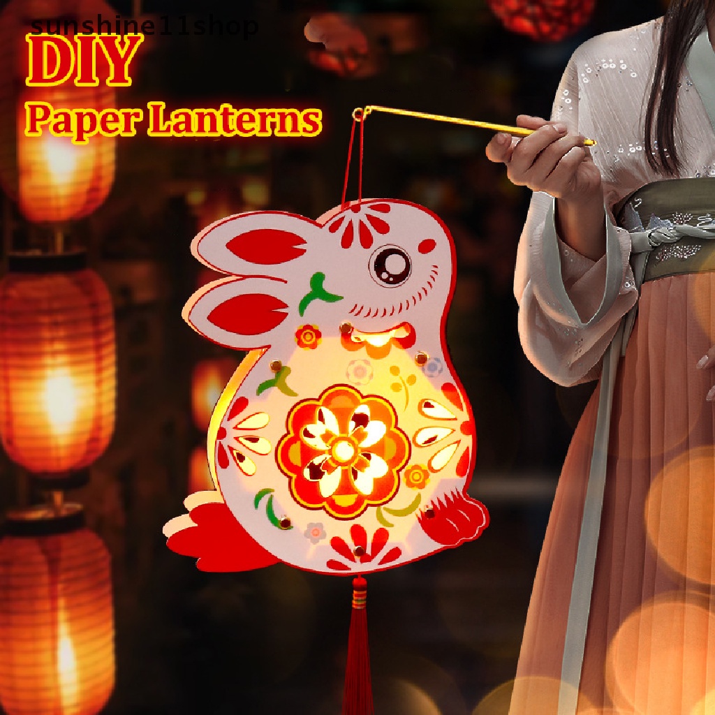 Sho 1Set Festival Lentera Musim Semi Cina Festival Mid-Autumn DIY Lentera Kelinci Bercahaya Perlengkapan Dekorasi Handmade Paper Lantern Bahan Paket N