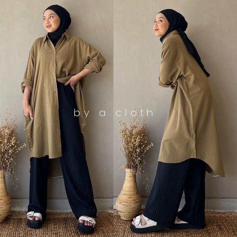 SALE Ganac tunik kemeja oversize linen wanita - linen crinkle shirt - atasan wanita lengan panjang -