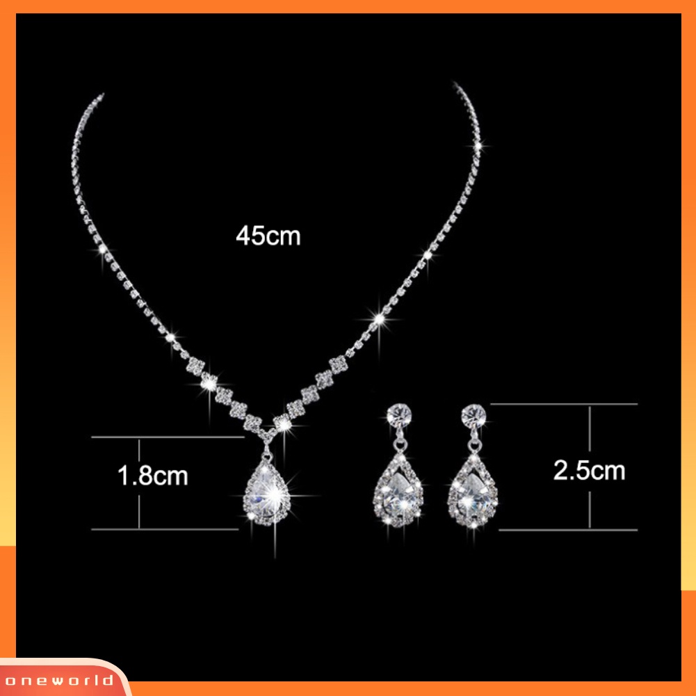 OW@ Elegant Lady Teardrop Rhinestone Dangle Chain Necklace Hook Earrings Jewelry Set