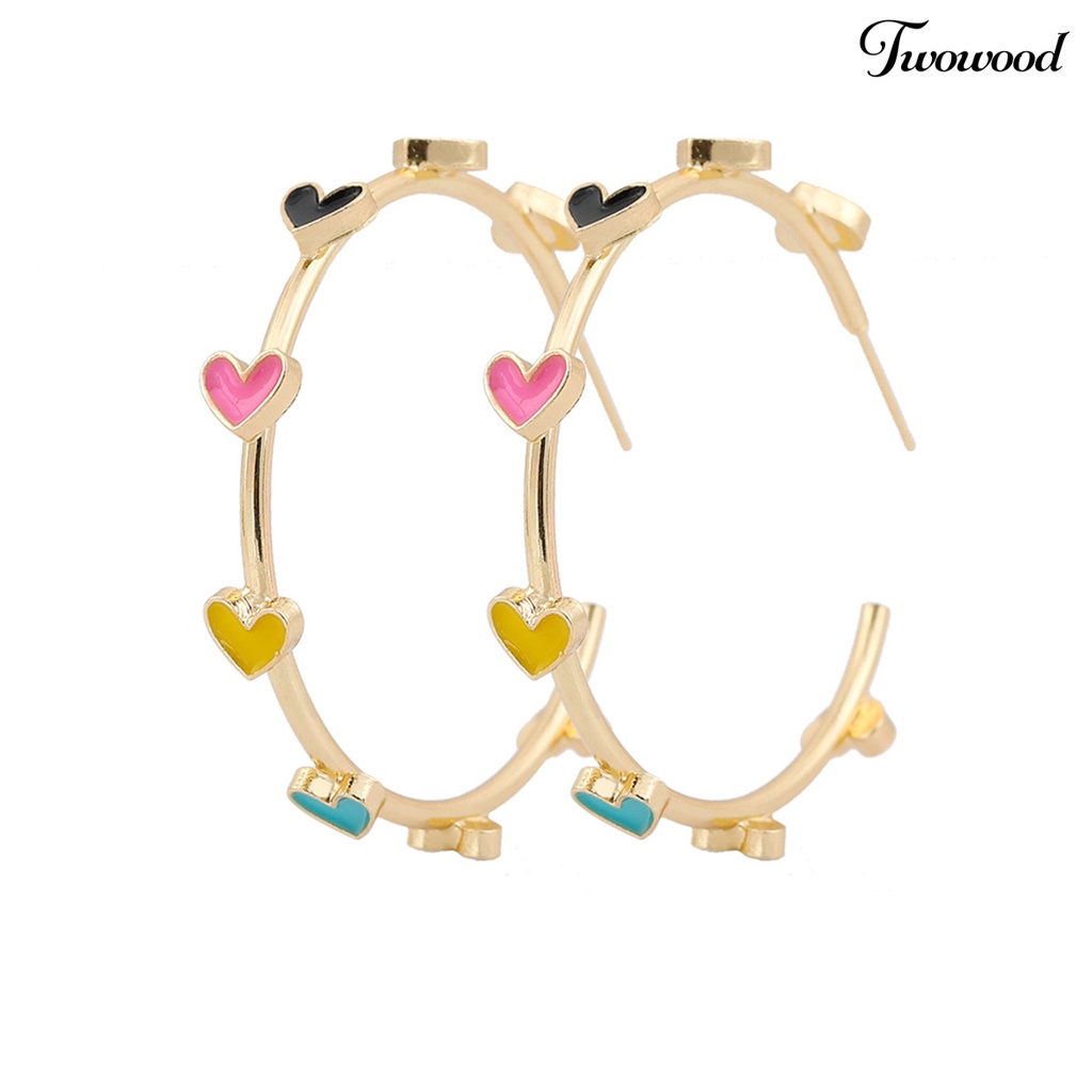 Twowood 1pasang Anting Hoop Berbentuk C Geometris Hypoallergenic Warna-Warni Berbentuk Hati Stud Earrings Fashion Perhiasan