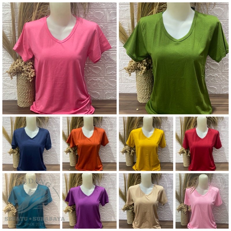 READY - Kaos Wanita V neck Polos pendek L XL XXL Kaos Polos Pendek Wanita