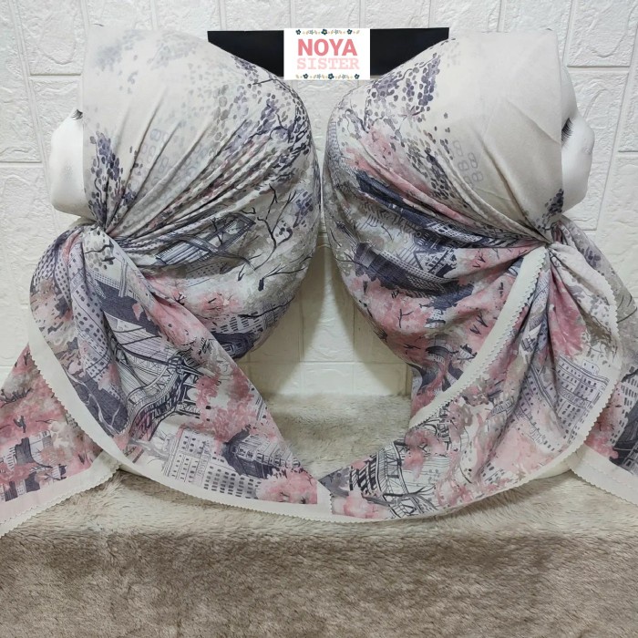 Hijab segiempat motif krem putih tulang voal premium kerudung Lacercut