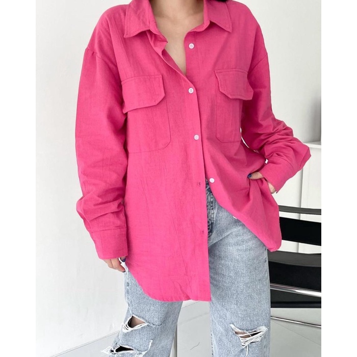 Promo - Kemeja oversized linen wanita lengan panjang - Biru, Kantong - Sedia kemeja blouse wanita ke