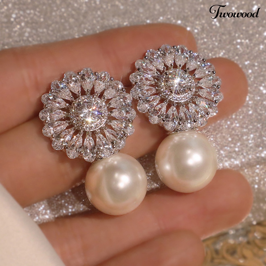 Twowood 1pasang Drop Earrings Cubic Zirconia Shiny Charming Geometric High-end Dekorasi Aksesori Baroque Bunga Imitasi Mutiara Anting Perhiasan Pertunangan