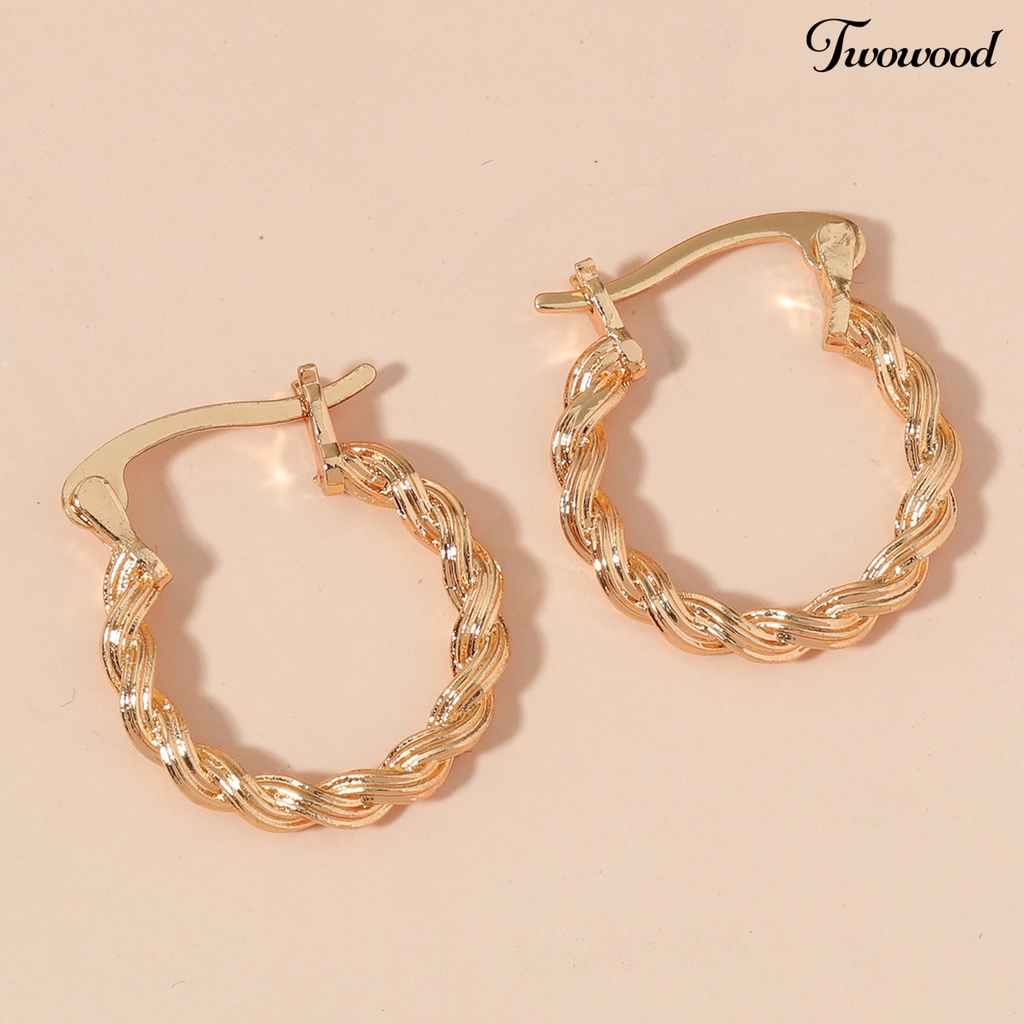 Twowood 1pasang Ear Buckle Design Piercing Hoop Earrings Wanita Retro Braided Twist Round Earrings Aksesoris Perhiasan