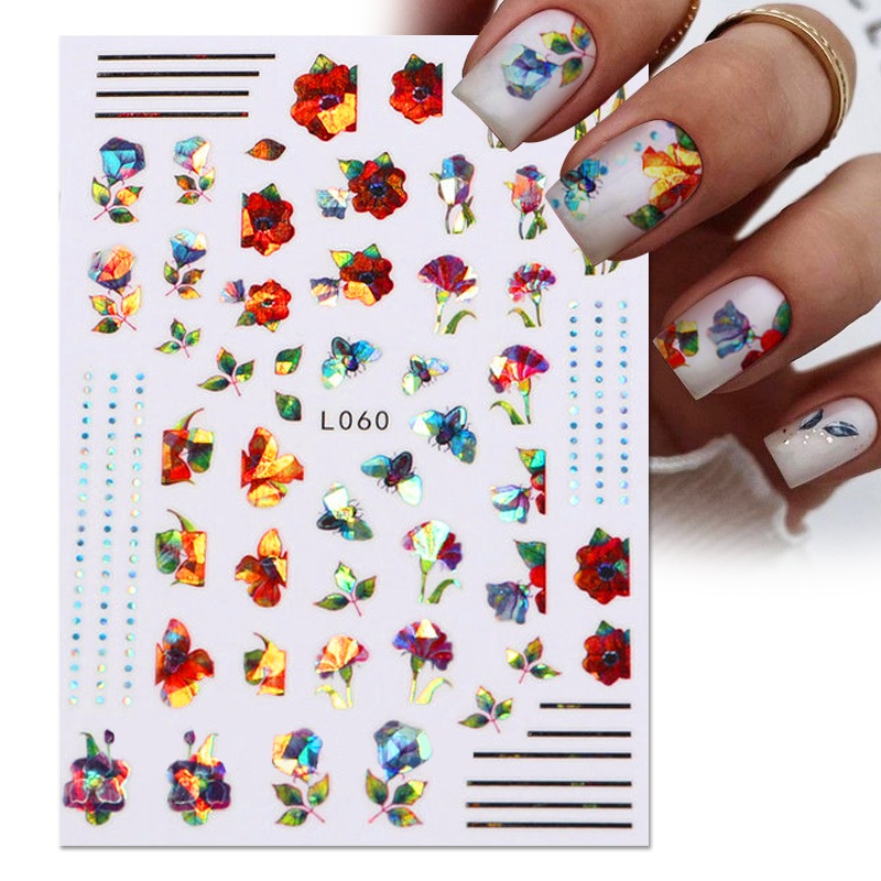 3d Stiker Kuku Warna-Warni Bunga Daun Perekat Diri Transfer Surat Garis Slider Nail Art Decals Aksesoris Manicure Dekorasi