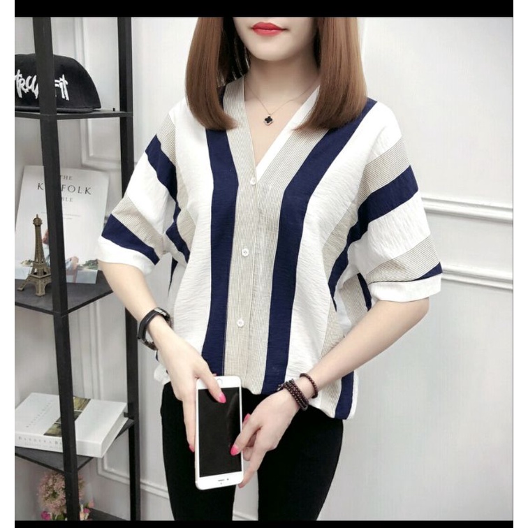 Blus wanita salur katun linen setengah lengan longgar v-neck