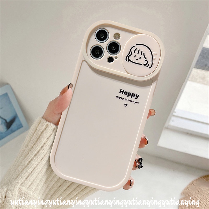 IPHONE Kartun Lucu Gadis Cowok Beruntung Happy Case Kompatibel Untuk Iphone11 12 13 Pro MAX XR 7plus 8plus 78 Plus X XS MAX Push Pull Window Pelindung Lensa Kamera Lembut TPU Pasangan Cover