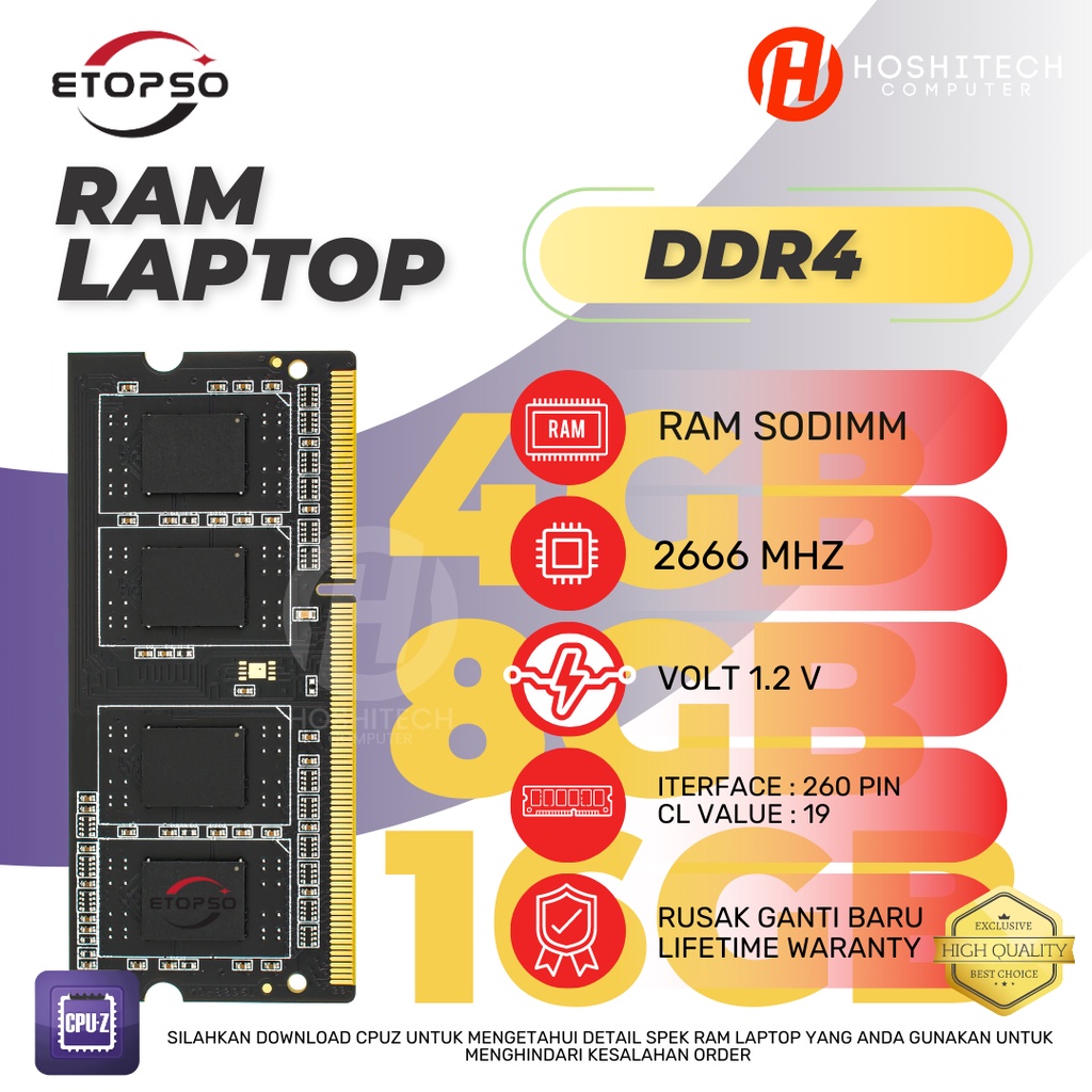 RAM LAPTOP DDR4 16GB 8GB 4GB ETOPSO SODIMM 2666 MHZ 1.2V LIFETIME