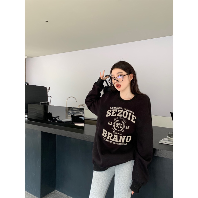 EUNII Sweater Lengan Panjang Retro English Printing Of Wings Korean Style/Sweater Crop/Baju Wanita/Switer Wanita/Switer