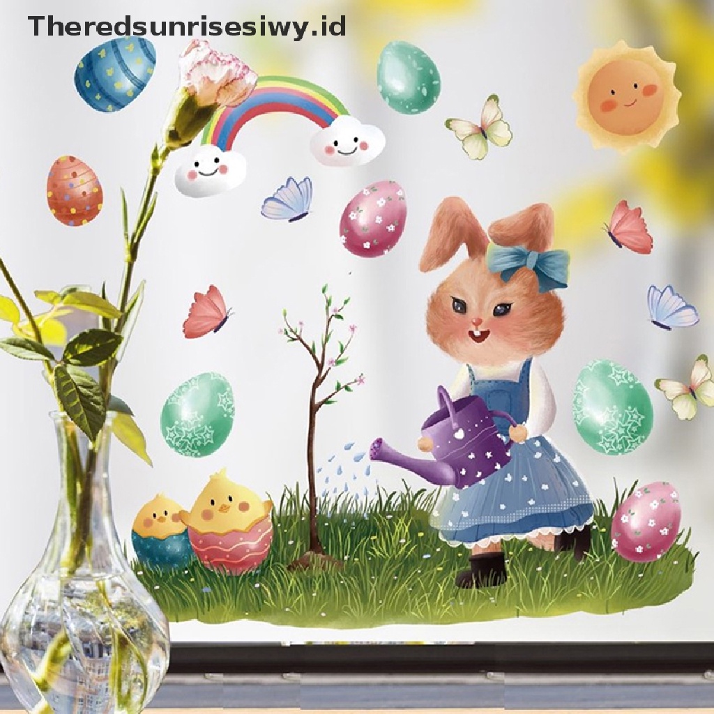 # Baju Lebaran # 1pc Stiker Jendela Kaca Happy Easter Colorful Bunny Eggs Wall Decal 20x30cm~