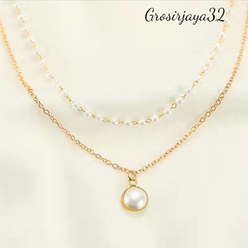 Kalung Amelia Choker Rantai Klavikula Double Layer Aksen Mutiara Korean Import