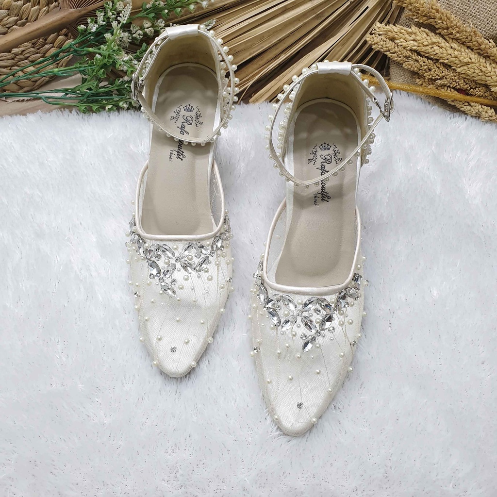 Sepatu wedding pesta cantik Manda broken white 7cm kaca