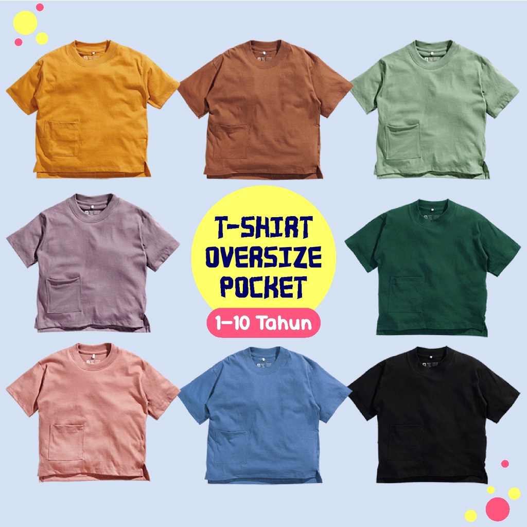 Kaos Oversized Pocket Polos Anak Unisex Premium Cotton Atasan Anak Laki Laki &amp; Perempuan (1-10 Tahun)