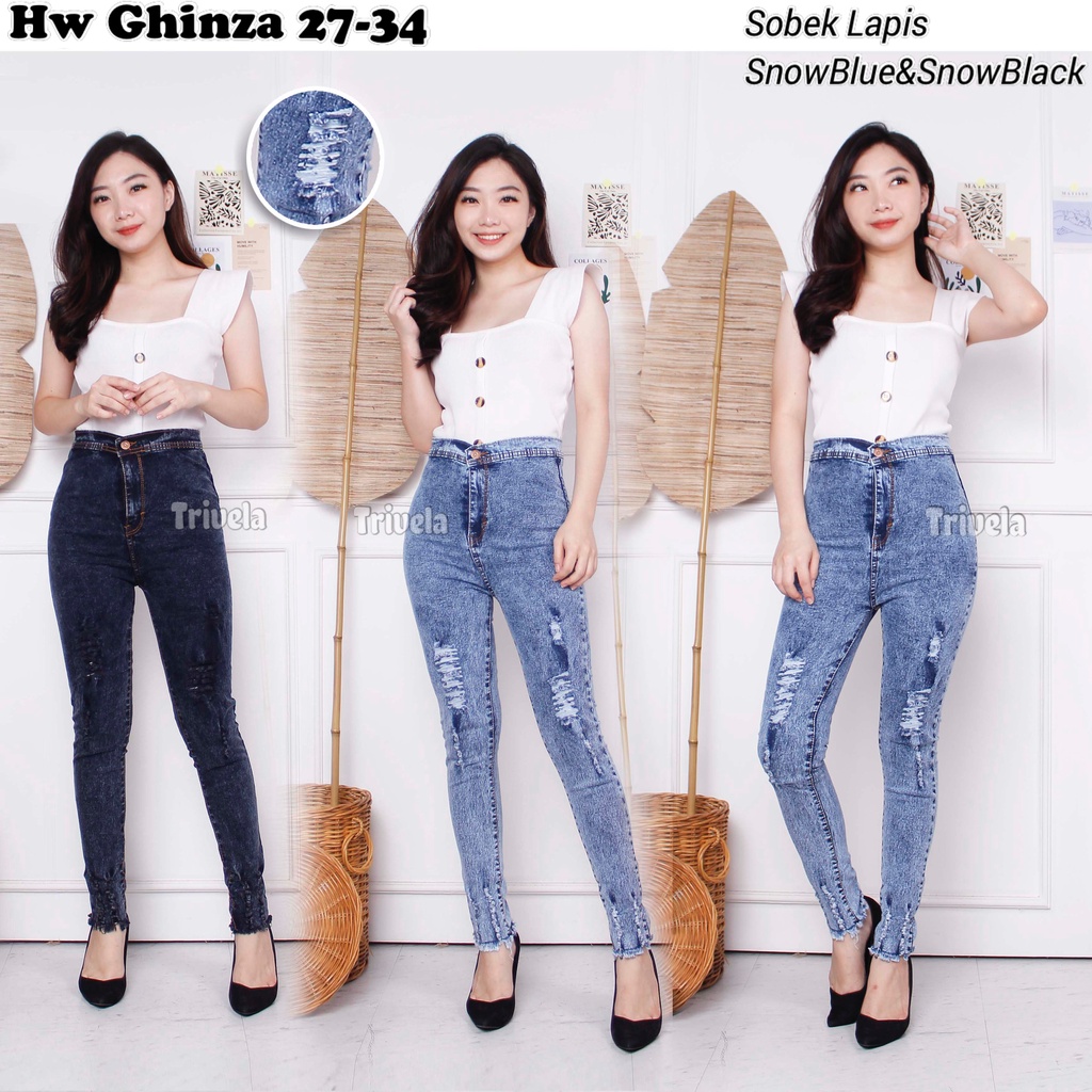 Highwaist Jeans Sobek Lapis Ghinza / Hw Jeans Ripped Ginza Stretch / Celana Pensil Wanita Sobek Snow