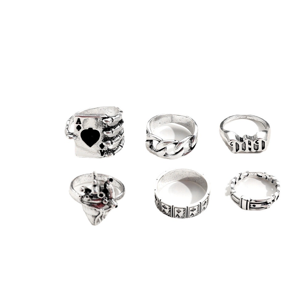 Gothic Punk Fashion Menetes Minyak Bermain Kartu Cincin Heteroseksual Jantung Geometris Rings Set Perhiasan Unisex Untuk Pria Wanita