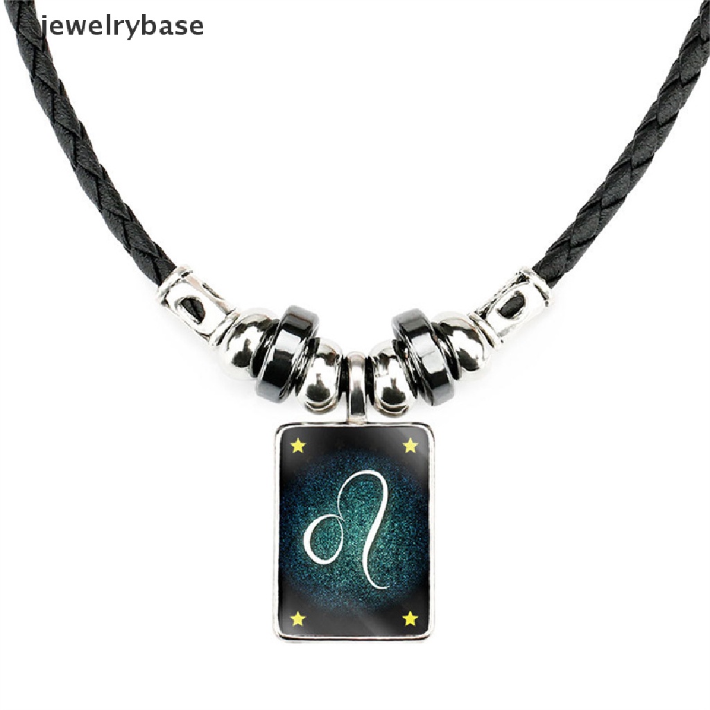 [jewelrybase] Punk Rock Pria Perhiasan Liontin Kalung Vintage Bercahaya12Rasi Rasi Bintang Hitam Cord Kulit Liontin Kalung Butik