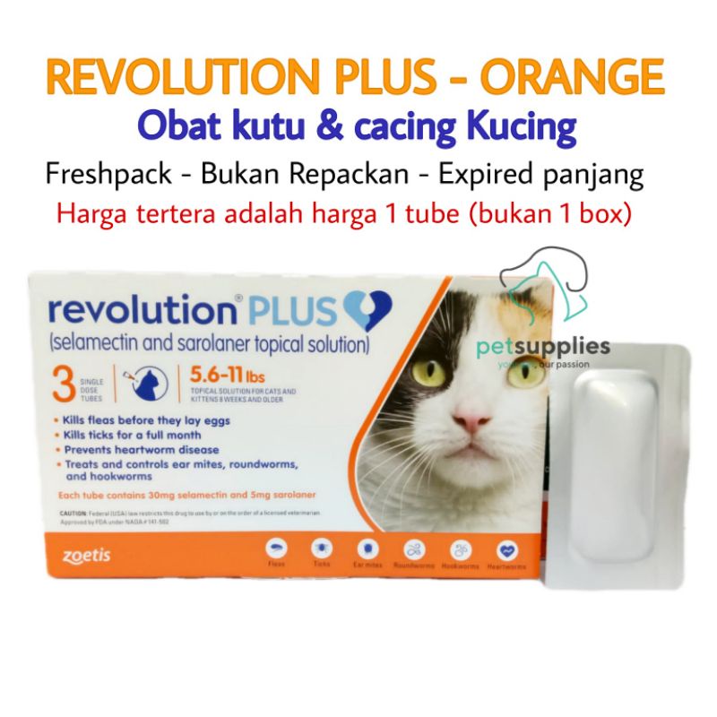 Obat Kutu Kucing REVOLUTION PLUS Orange Ukuran 2.5-5 kg Harga 1 tube