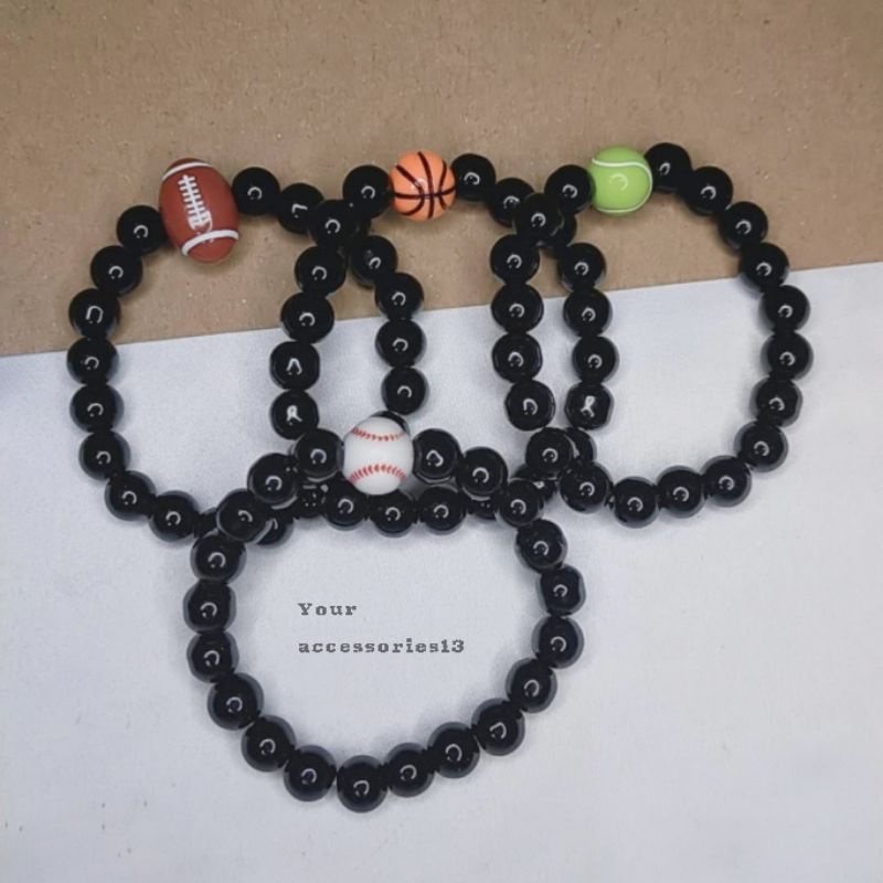 Gelang pria batu alam hitam kilat elastis motif bola basket