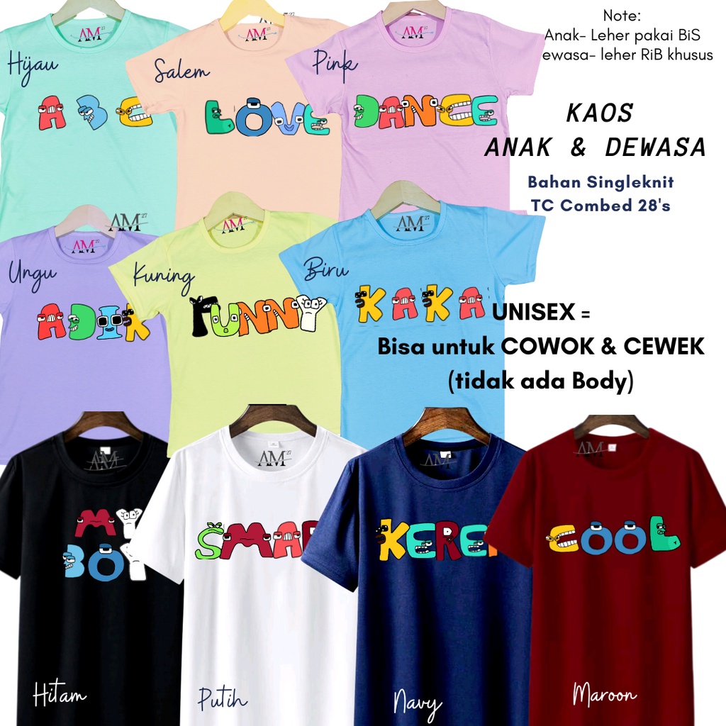 CUSTOM NAMA dengan Huruf Alphabet Lore - KAOS Anak 1 tahun sampai Dewasa Jumbo 3-6H