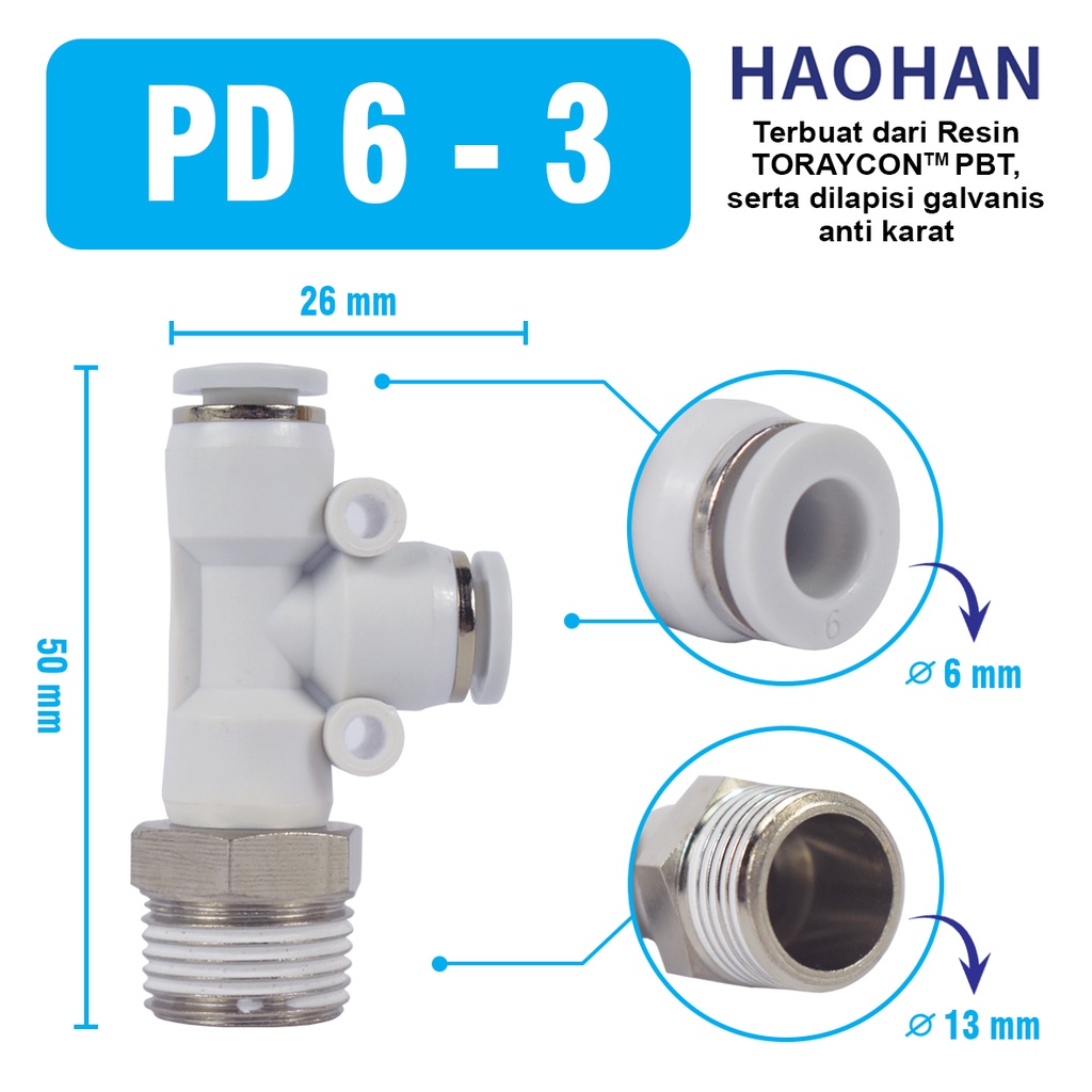 PD Konektor Pneumatic Fitting T Drat Samping pneumatic