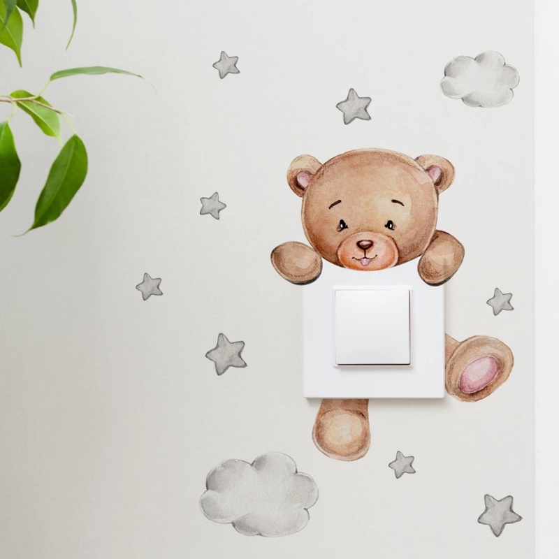 Tahan Air Debu Wallpaper Decal Kamar Tidur Belajar Asrama Dekorasi Aksesoris Perekat Diri PVC Dinding Aplikasi Pola Beruang Kecil Saklar Stiker