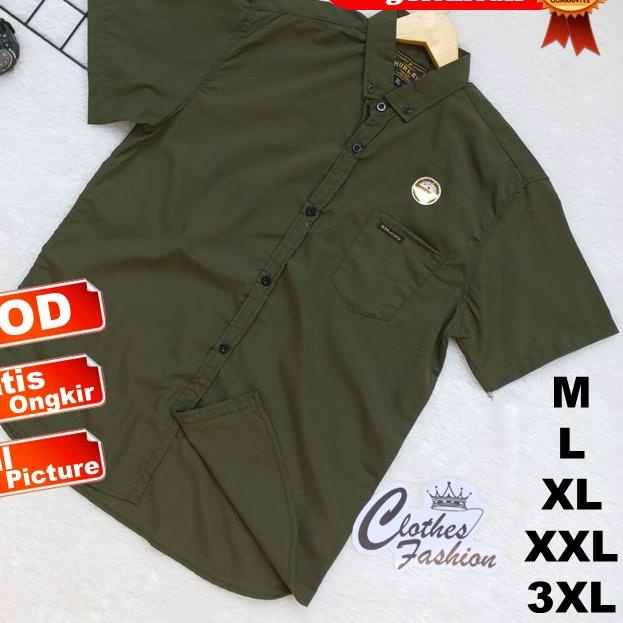 ✶ Baju Kemeja Hem Hijau Army Polos Slim Fit Pria Cowok Laki Laki Lengan Pendek Slimfit Oversize Big 