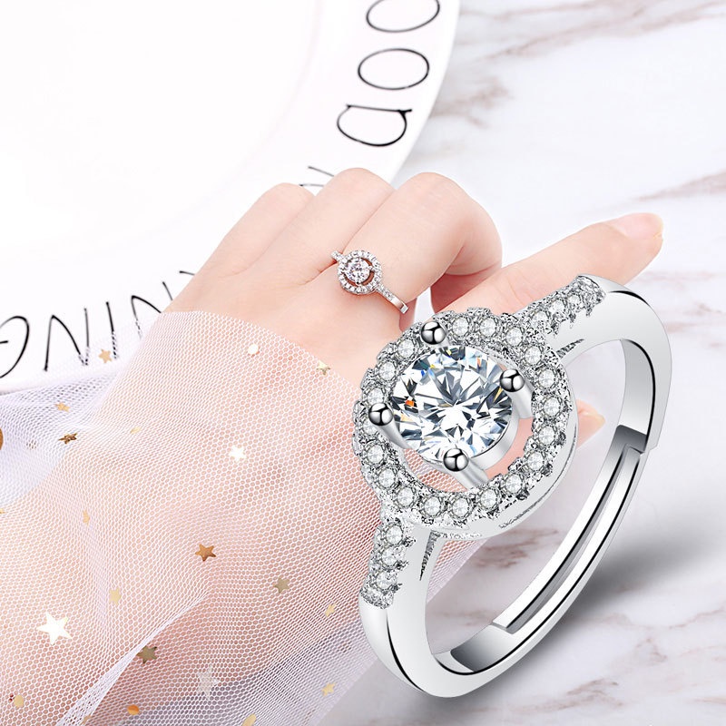 Cincin Zirconium Bentuk Bulat | Cincin Berlian Bulat Model Terbuka Dapat Disesuaikan | Anting Hypoallergenic Anti Pudar | Cincin Klasik Untuk Wanita