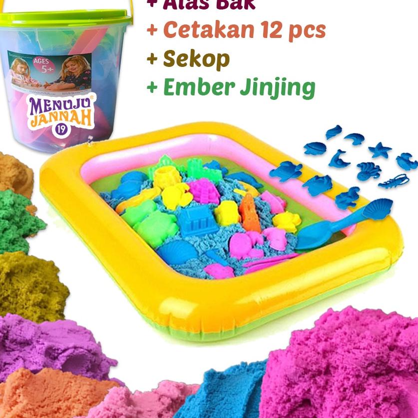 ✴ Paket Pasir Ajaib 500 Gram + Alas Main + Sekop + Cetakan + Ember Toples, Mainan Edukasi Anak ➲