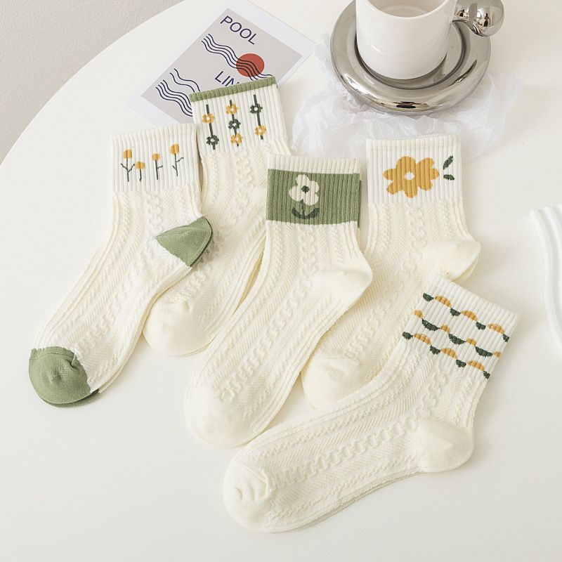 [littlecrab] Kaos Kaki Knit Hijau Bunga Daun Base Putih Cream Import Sock High Quality Cute Soft Green Korean Style