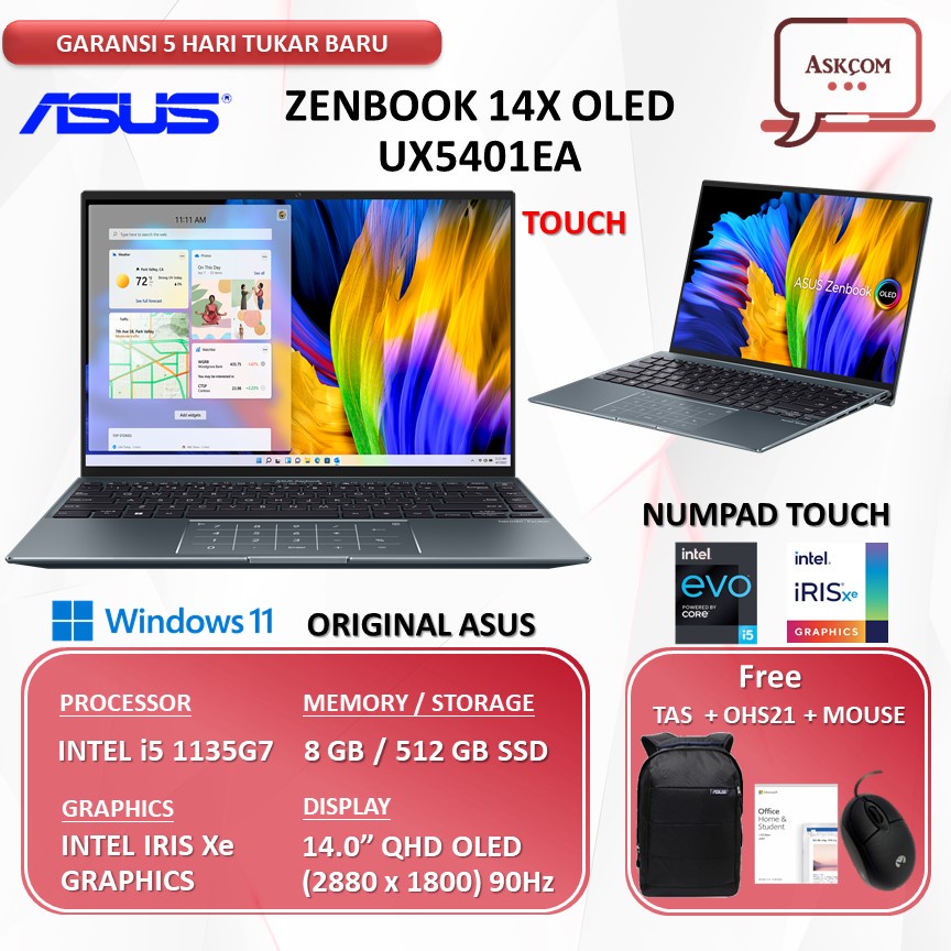 Laptop Asus ZenBook 14X OLED UX5401EA TOUCH i5 1135G7 RAM 8GB 512GB SSD IRISXE OHS 14.0 2.8K W11