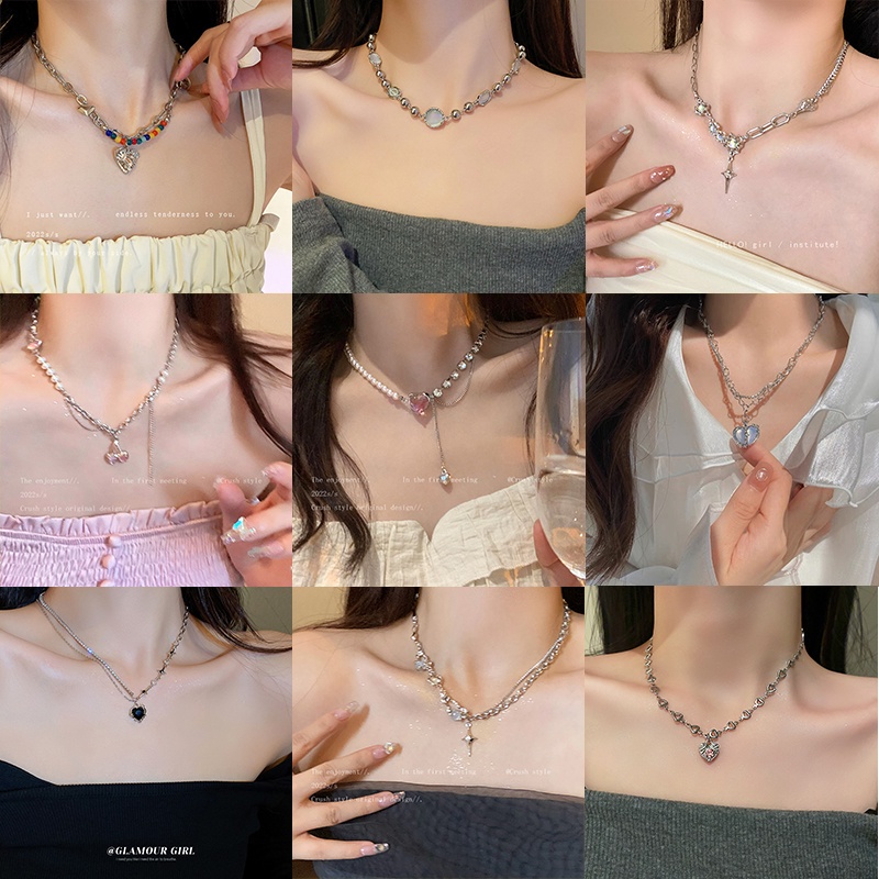 Korea Kupu-Kupu Jantung Liontin Kalung Y2K Zirkon Mutiara Manik-Manik Kalung Perak Rantai Choker Aksesoris Wanita Perhiasan